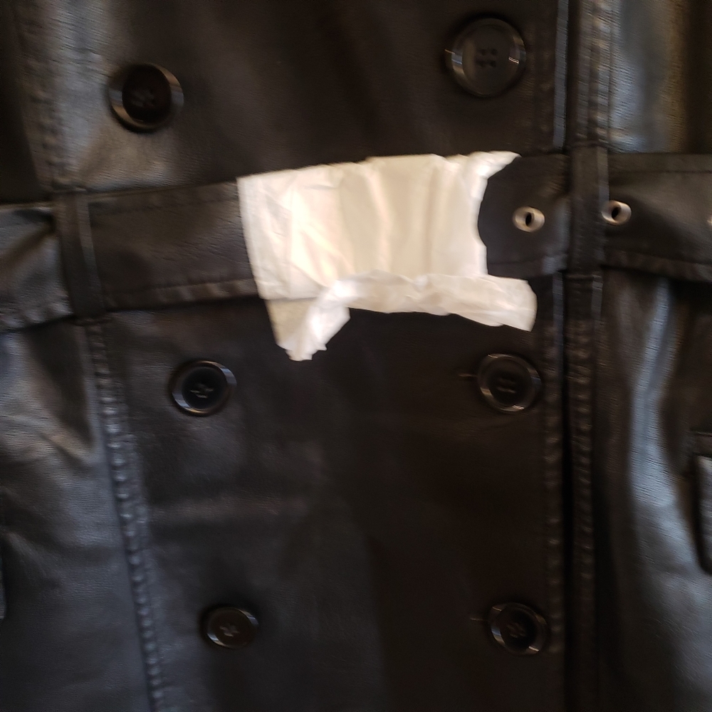 MAX STUDIO Faux Leather Black Long Double Breasted Belted Trench Coat XL - Picture 7 of 11
